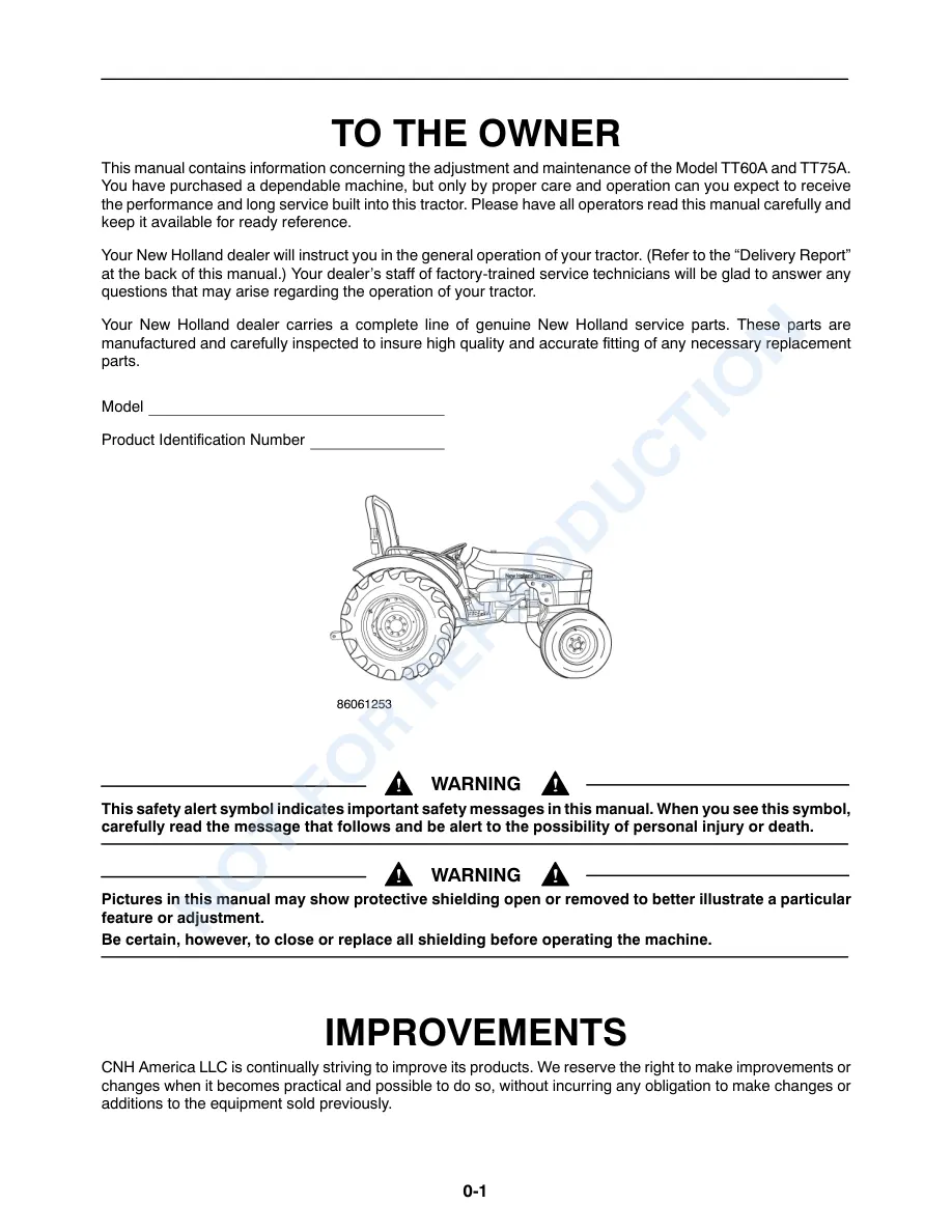 New Holland TT60A TT75A Tractor Operator's Manual preview page 2