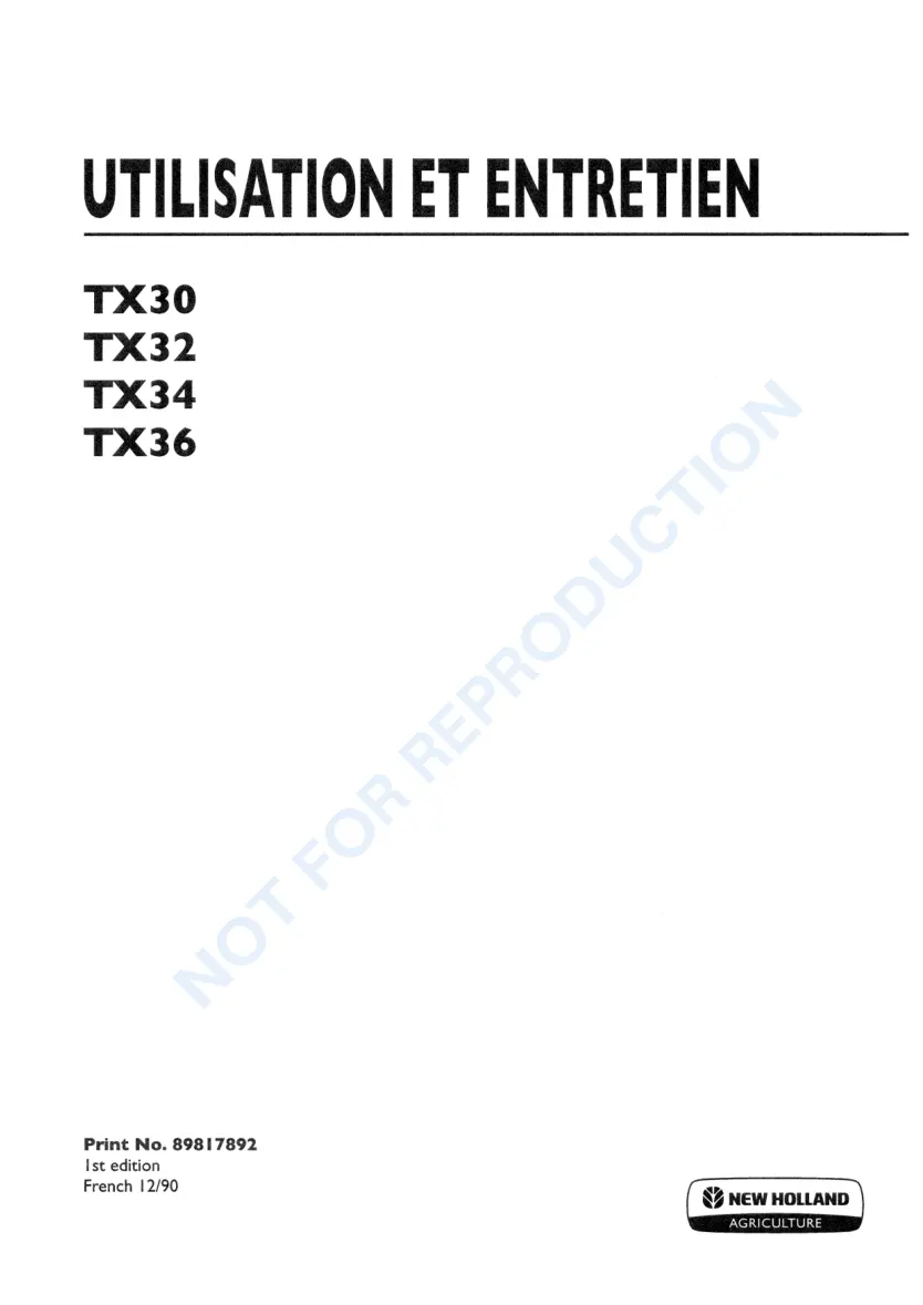 New Holland TX30 TX32 TX34 TX36 Combine French Operator's Manual preview page 1