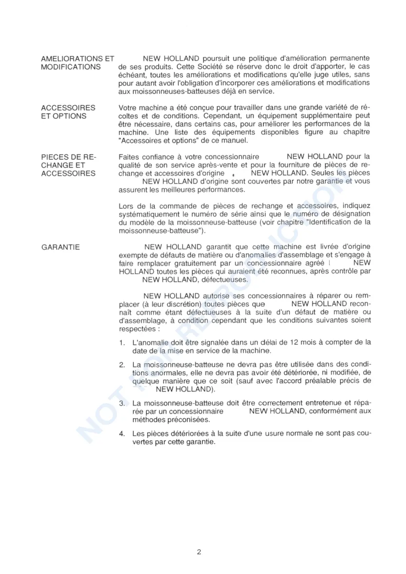 New Holland TX30 TX32 TX34 TX36 Combine French Operator's Manual preview page 4