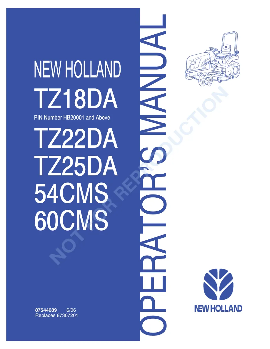 New Holland TZ18DA TZ22DA TZ25DA Tractor With 54CMS 60CMS Mower Deck Operator's Manual preview page 1