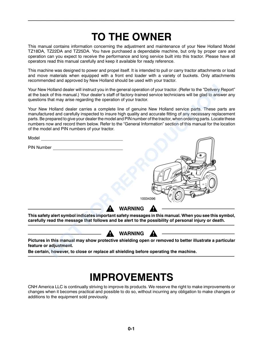 New Holland TZ18DA TZ22DA TZ25DA Tractor With 54CMS 60CMS Mower Deck Operator's Manual preview page 2