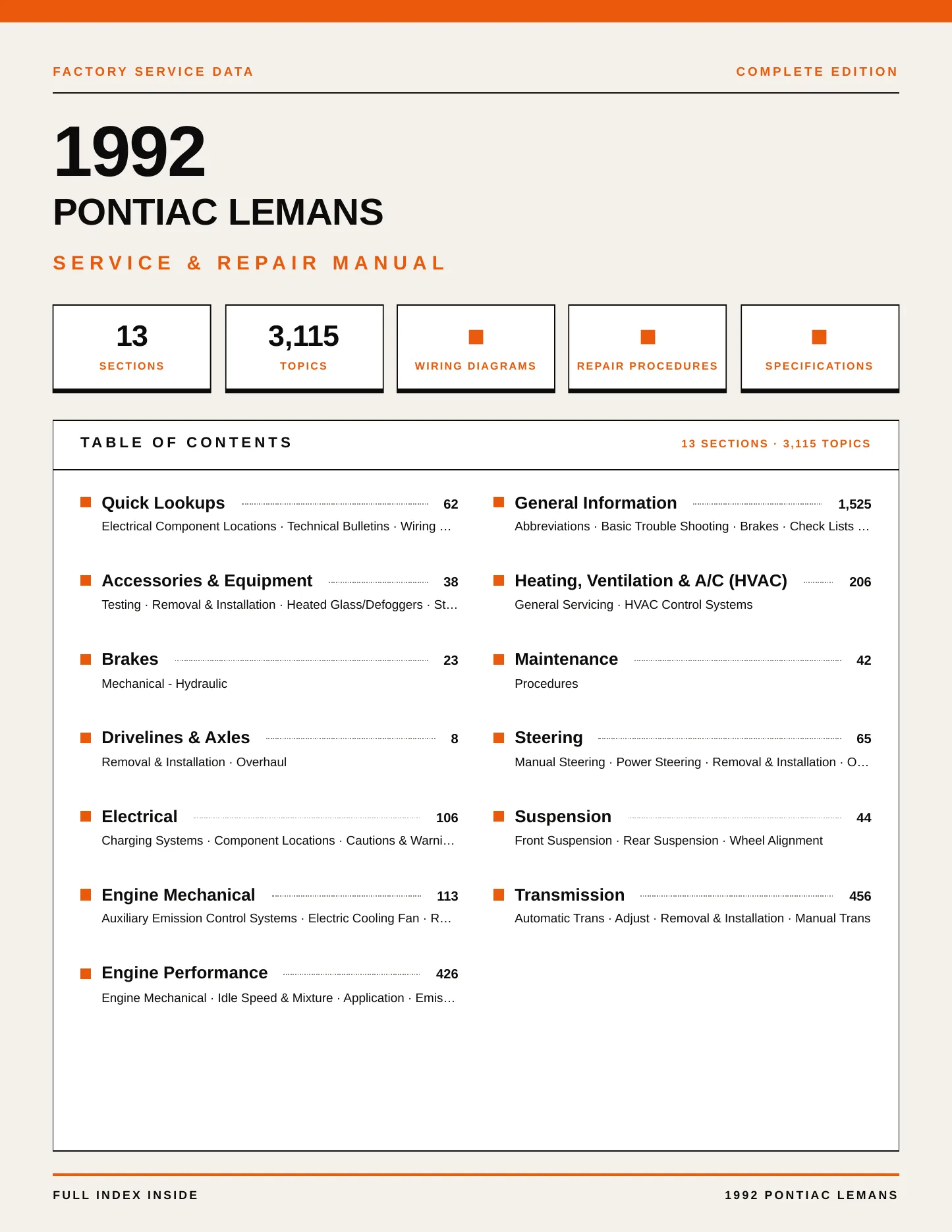 1992 Pontiac LeMans Service and Repair Manual preview page 1