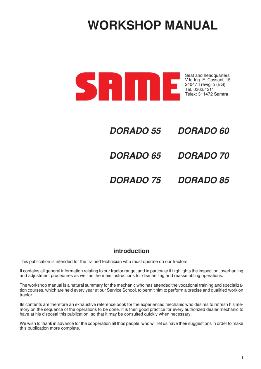 Same Dorado 55 60 65 70 75 85 Tractor Service & Repair Manual preview page 1