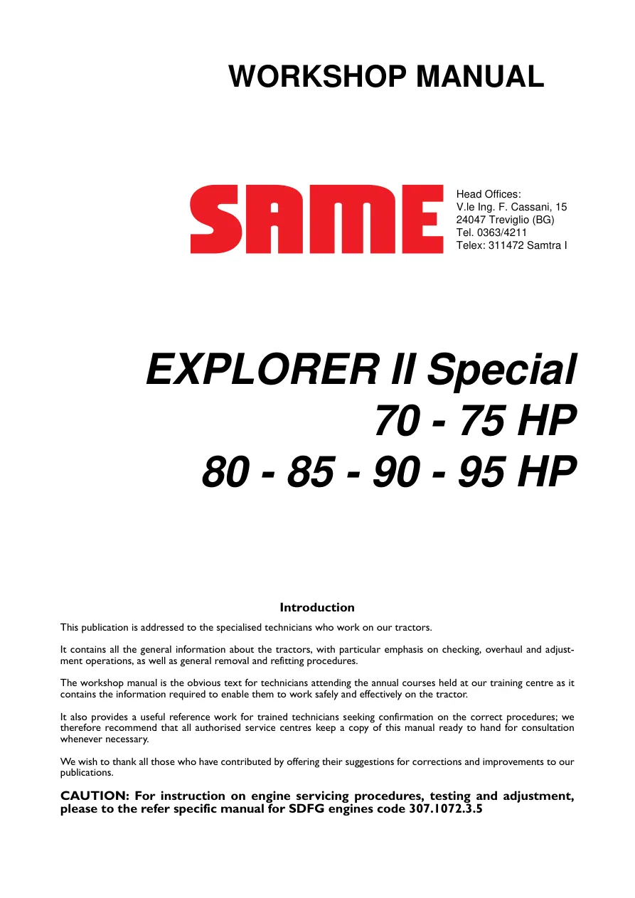 Same Explorer 2 II 70 75 80 85 90 95 Special Tractor Service & Repair Manual preview page 2