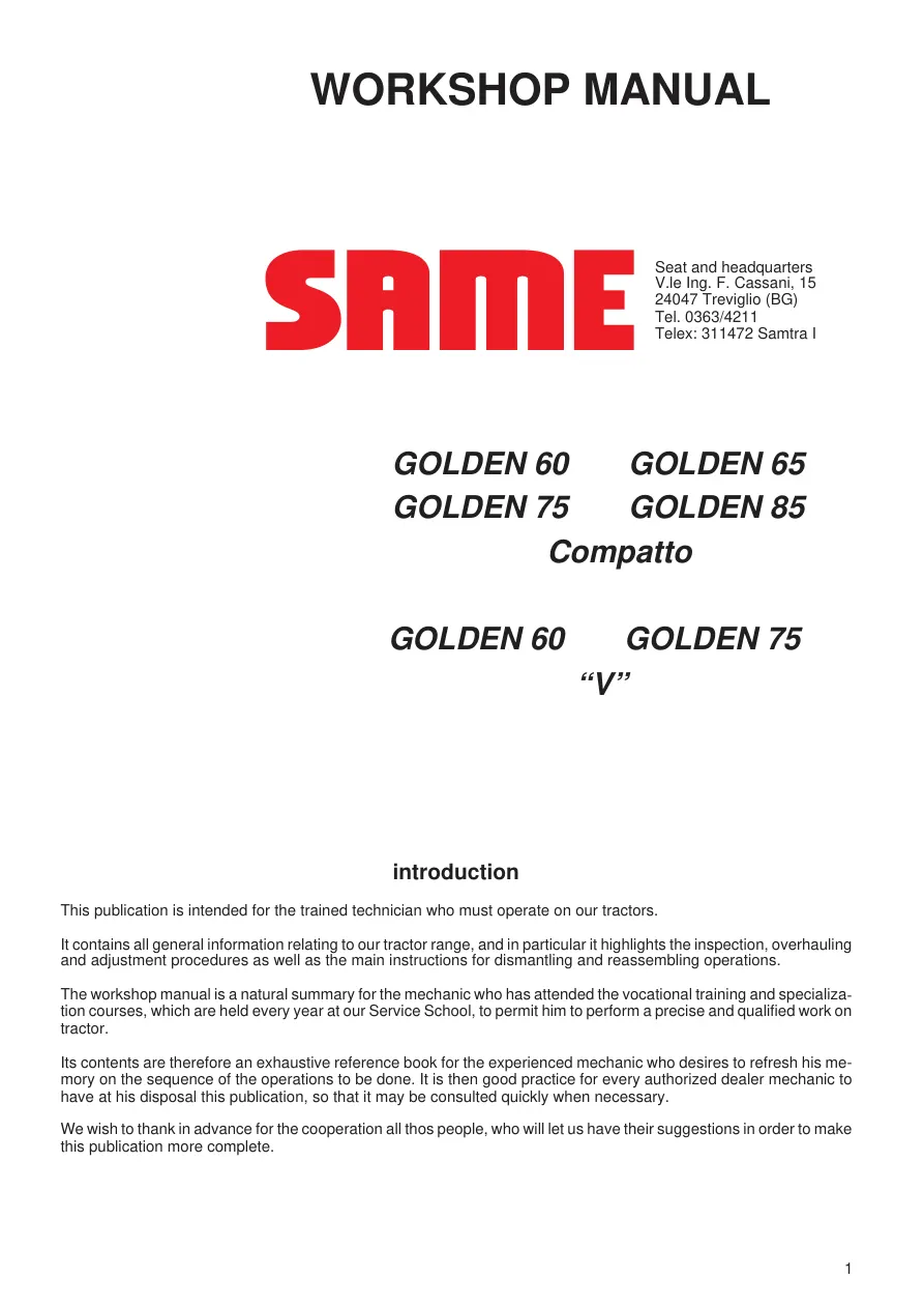 Same Golden 75 Compatto Tractor Service & Repair Manual preview page 1