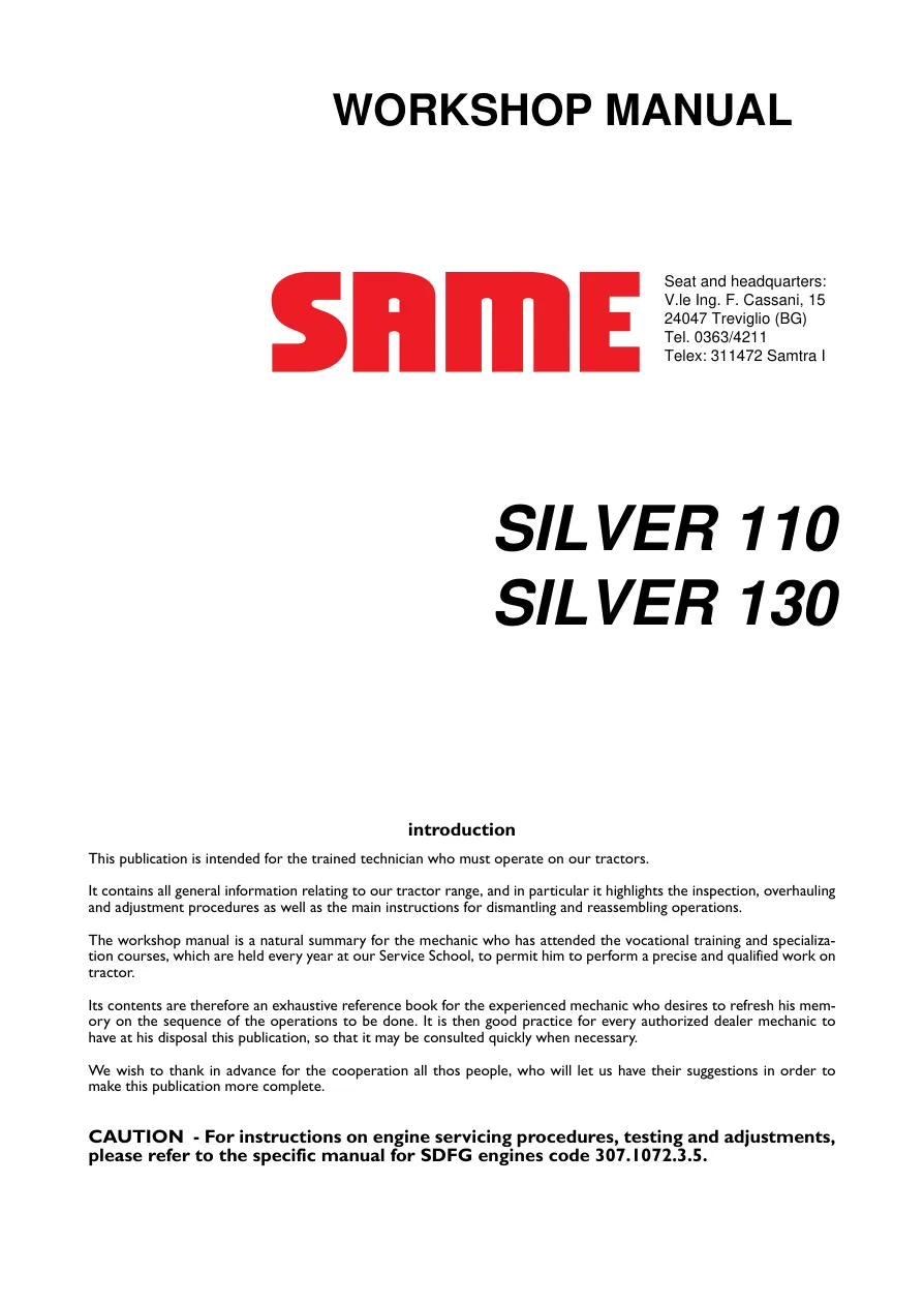 Same Silver 110 130 Tractor Service & Repair Manual preview page 1