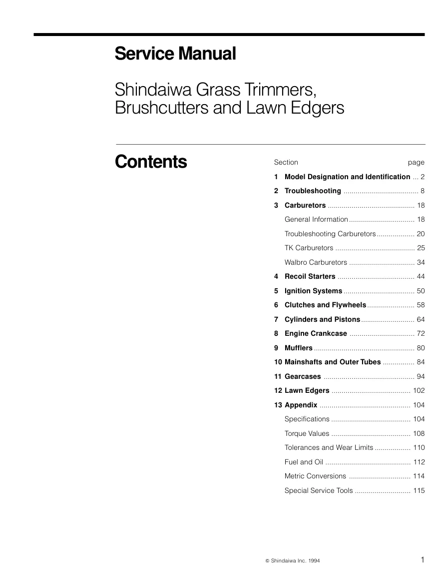 Shindaiwa Grass Trimmers Brushcutters Lawn Edgers All Service & Repair Manual preview page 1