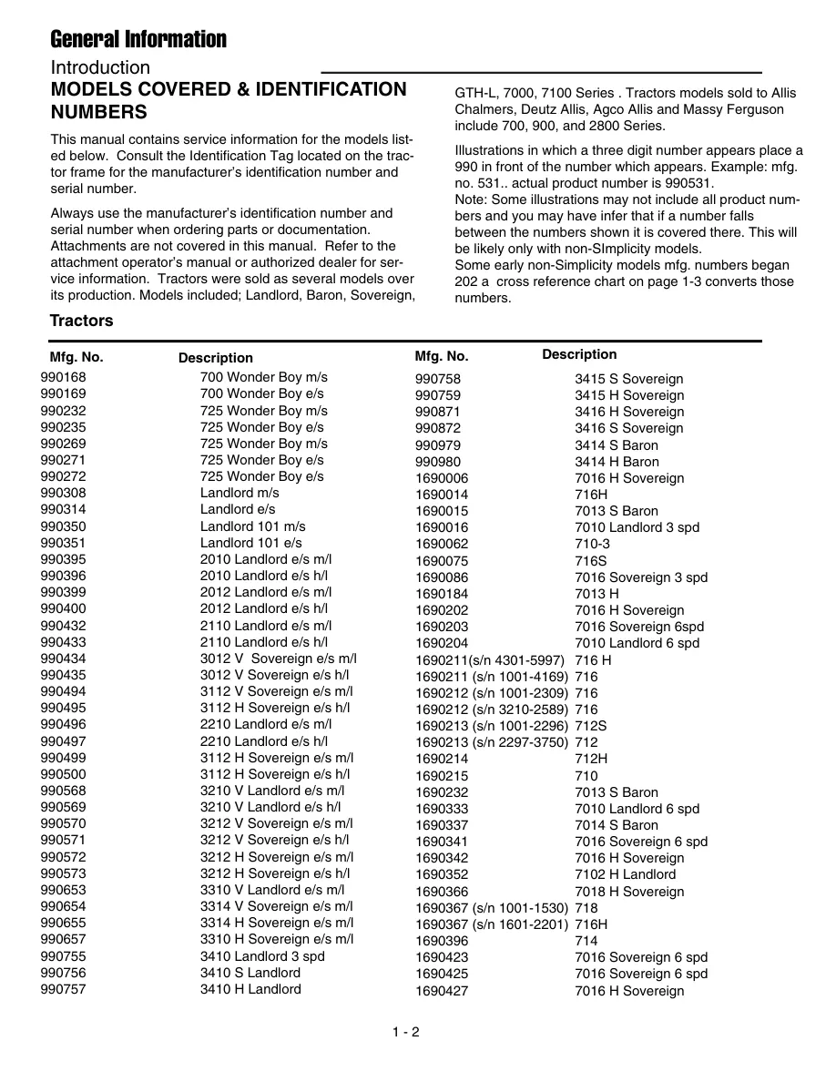 Simplicity Large Frame Garden Tractors - Sovereign Landlord Baron GTH-L 7000 7100 Tractor Service & Repair Manual preview page 4