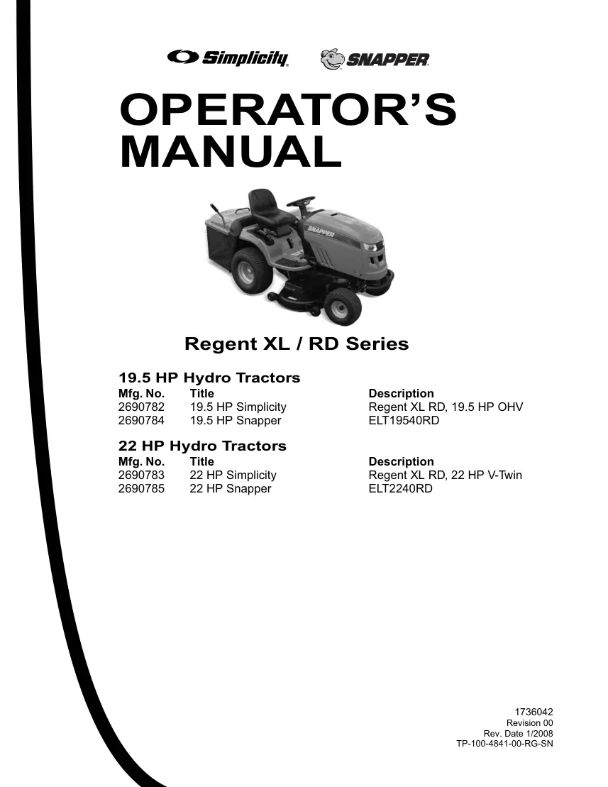 Simplicity Snapper Regent XL & RD Series Riding Mower Operator's Manual preview page 1