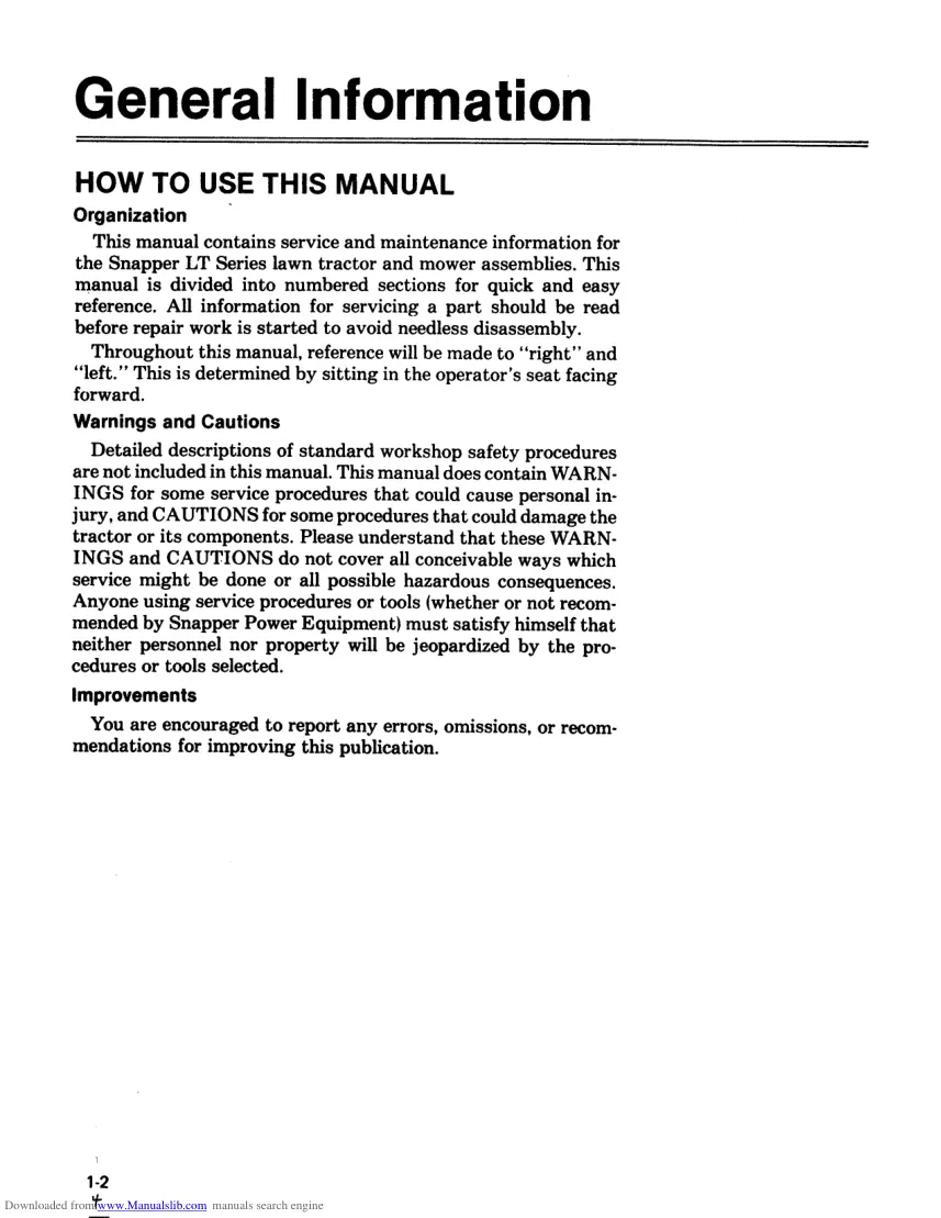 Snapper LT11 LT12 LT12.5 LT16 Series 0 1 2 Disc Drive Tractor Service & Repair Manual preview page 4