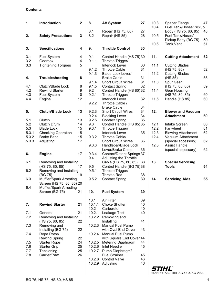 Stihl BG75 HS75 HS80 HS85 Machine Service & Repair Manual preview page 2