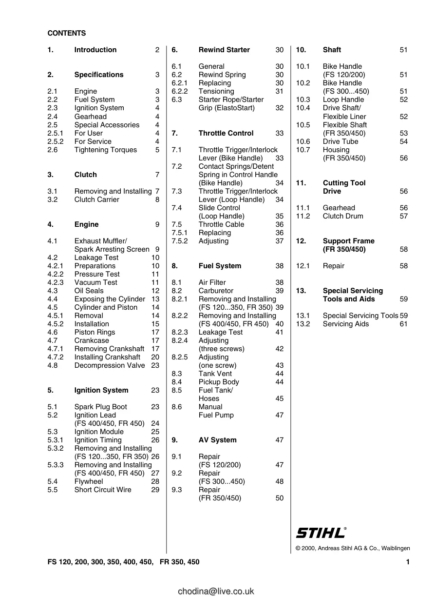Stihl FS 120 200 300 350 400 450 FR Brushcutters Service & Repair Manual preview page 2