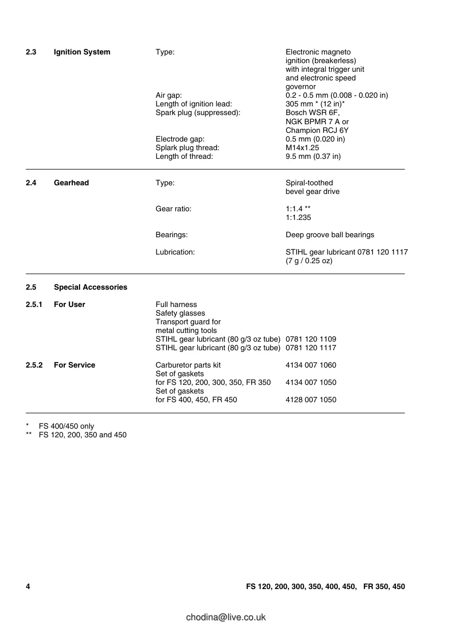 Stihl FS 120 200 300 350 400 450 FR Brushcutters Service & Repair Manual preview page 5