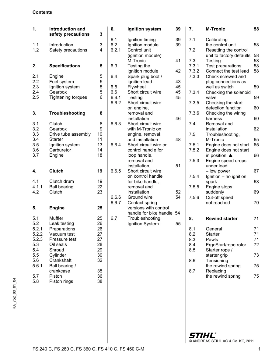 Stihl fs240 260 360 410 460 Machine Service & Repair Manual preview page 2
