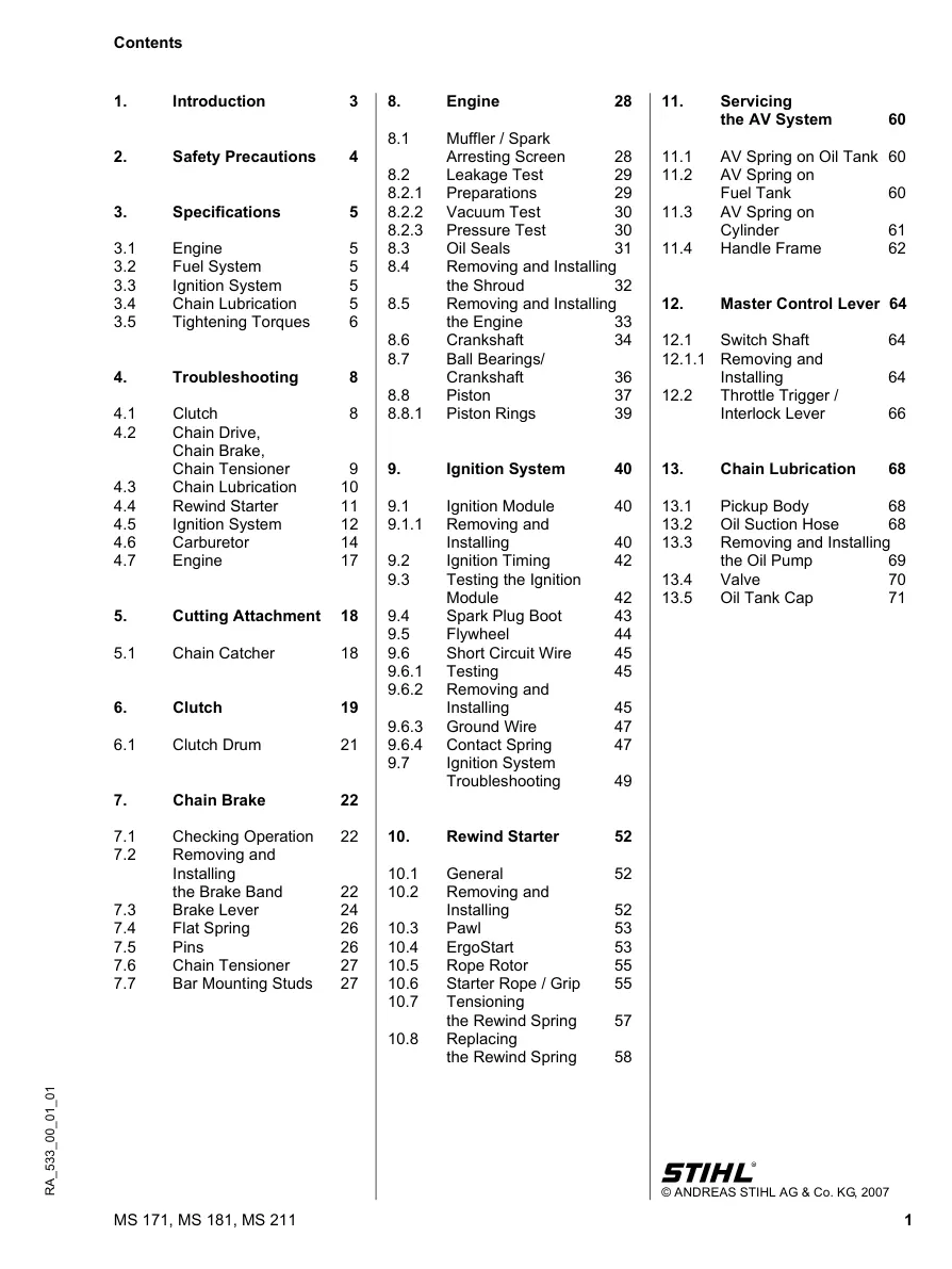 Stihl MS 171 181 211 Brushcutters & HS 75 80 85 HT 101 170 170C 180 180C Service & Repair Manual preview page 2