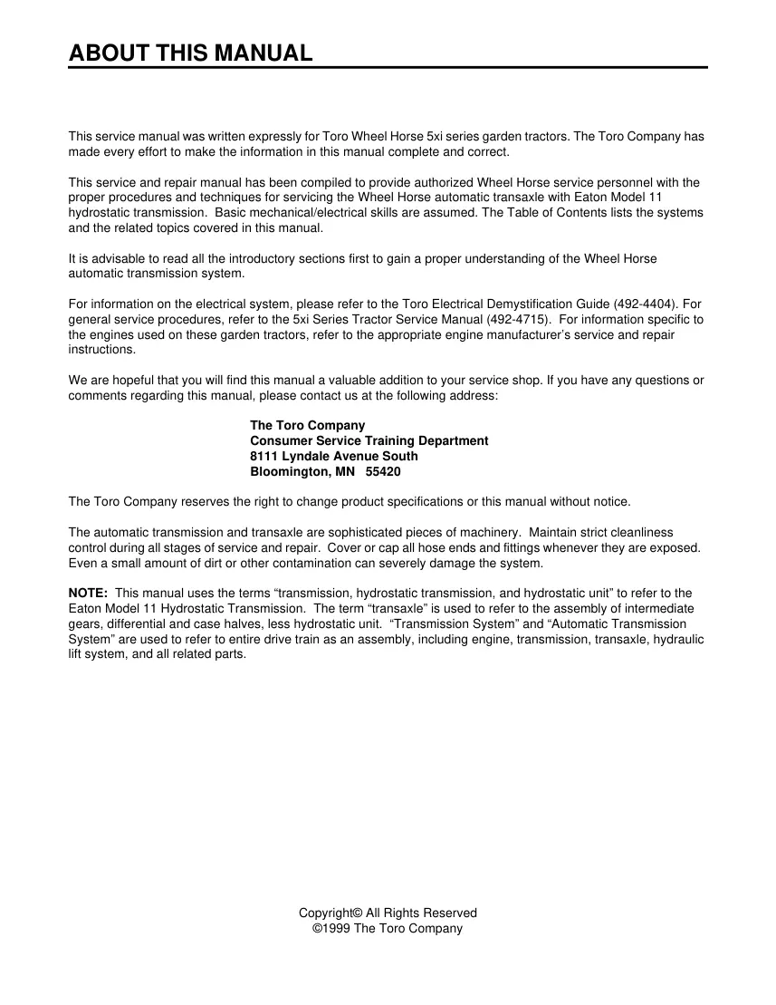 Toro 5XI Series Tractor Service & Repair Manual preview page 4