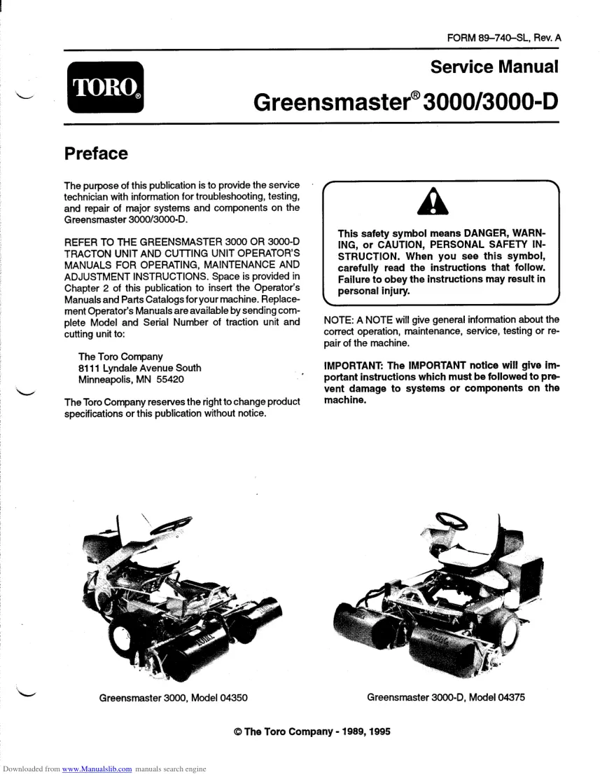 Toro Greensmaster 3000 3000D Riding Mower Service & Repair Manual preview page 1