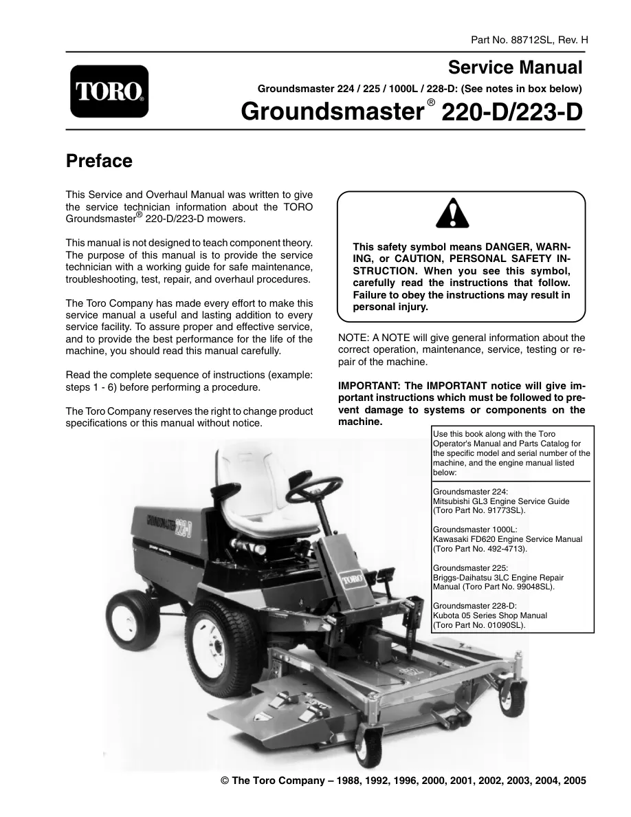 Toro Groundsmaster 220D 223D Riding Mower Service & Repair Manual preview page 1