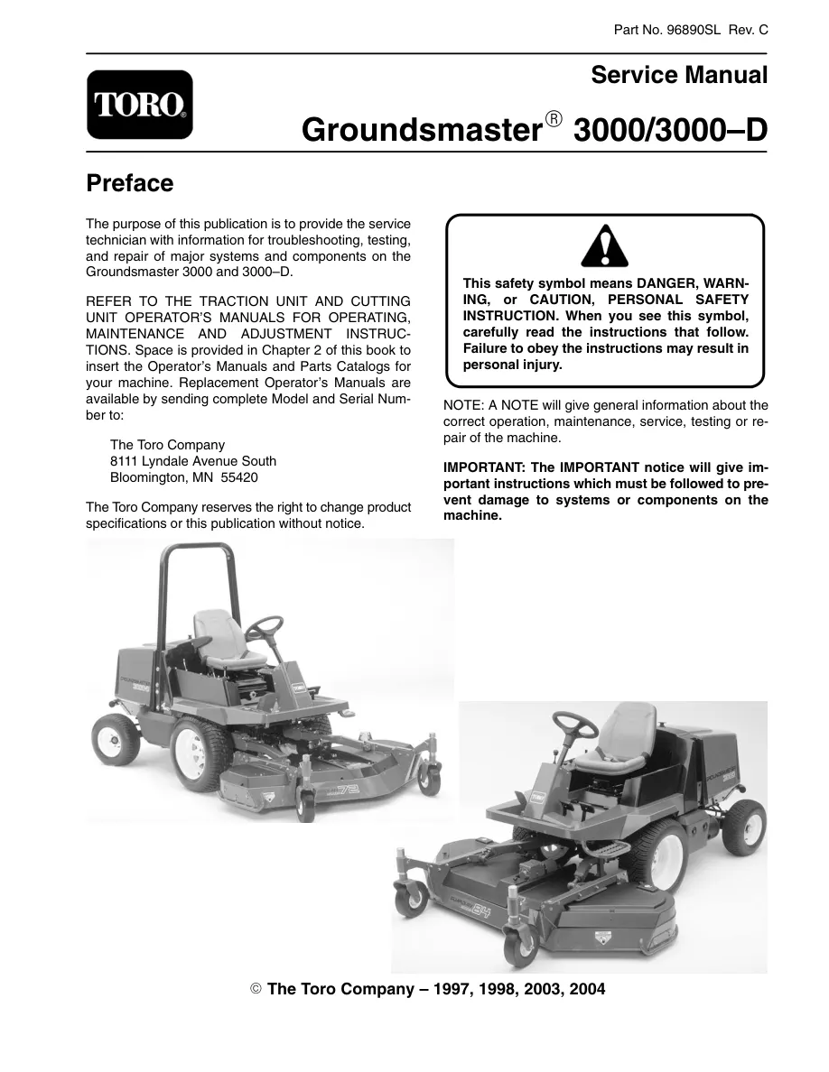 Toro Groundsmaster 3000 3000-D Mower Service & Repair Manual preview page 1