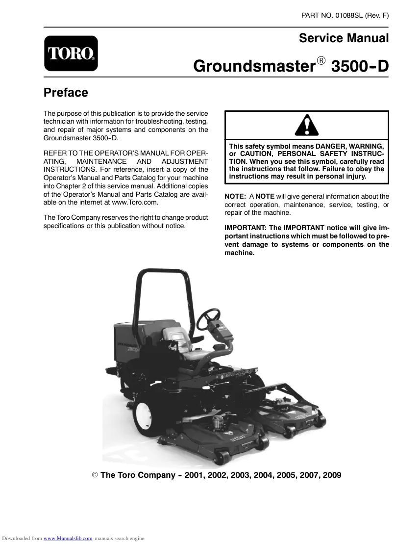 Toro Groundsmaster 3500-d Riding Mower Service & Repair Manual preview page 1