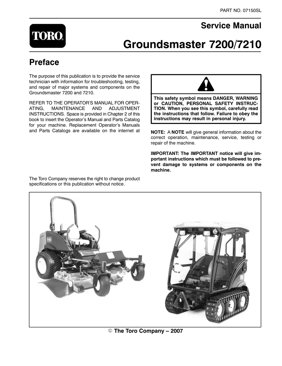Toro Groundsmaster 7200 7210 Zero-Turn Mower Service & Repair Manual preview page 1
