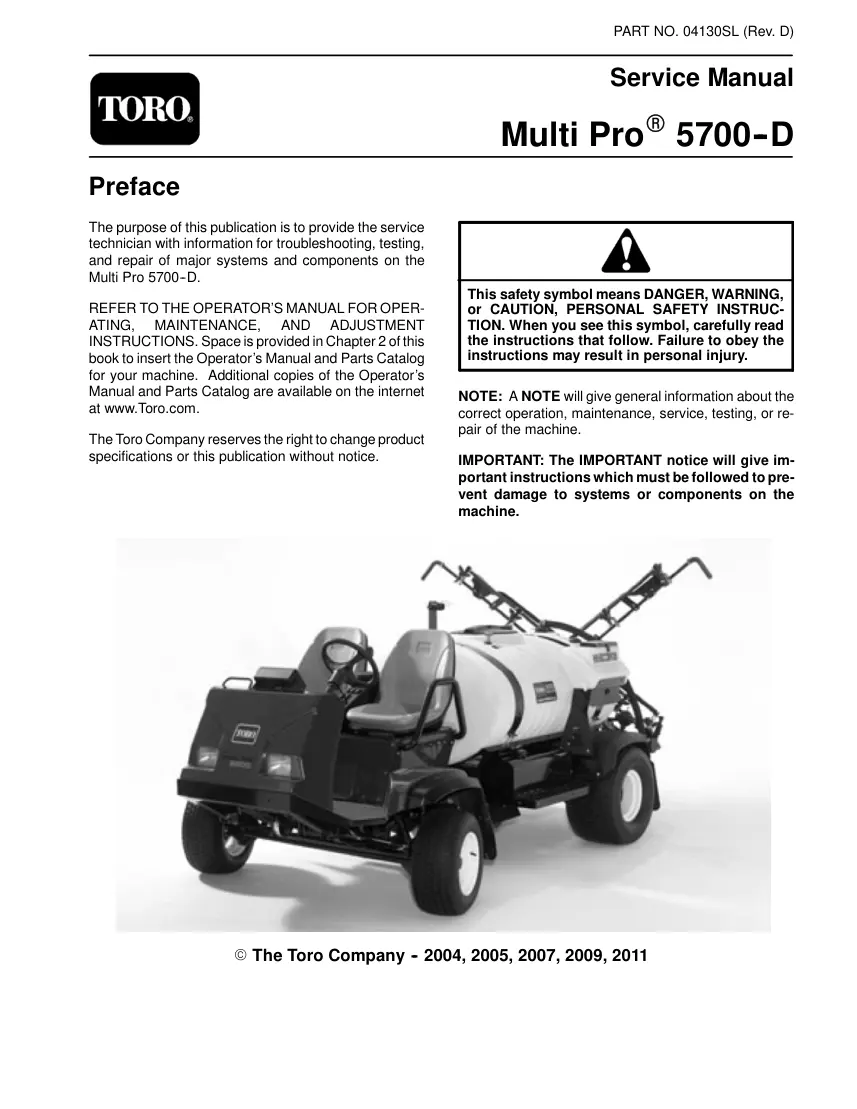 Toro Multi Pro 5700-D Sprayer Service & Repair Manual preview page 1