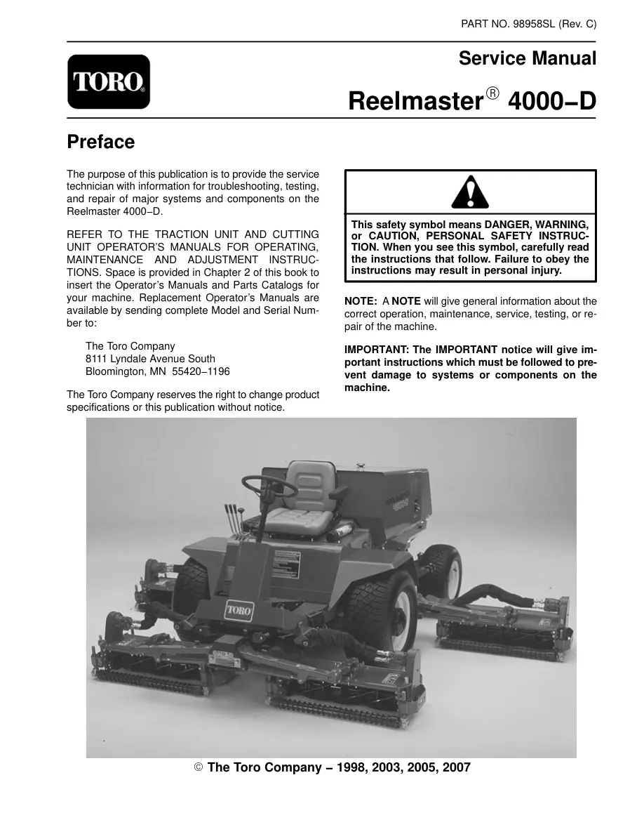 Toro Reelmaster 4000D Riding Mower Service & Repair Manual preview page 1