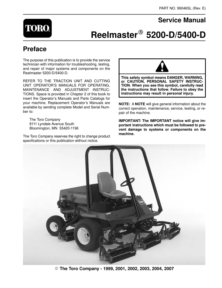 Toro Reelmaster 5200-D 5400-D Mower Service & Repair Manual preview page 1