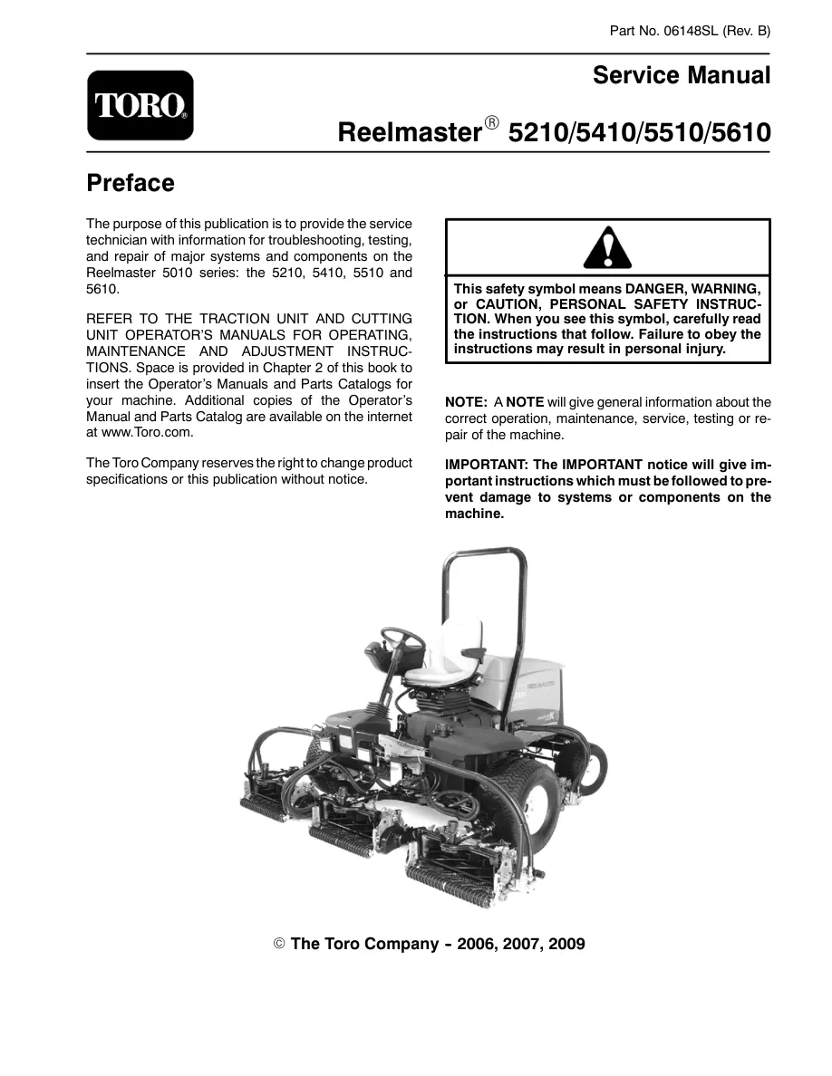 Toro Reelmaster 5210 5410 5510 5610 Mower Service & Repair Manual preview page 1