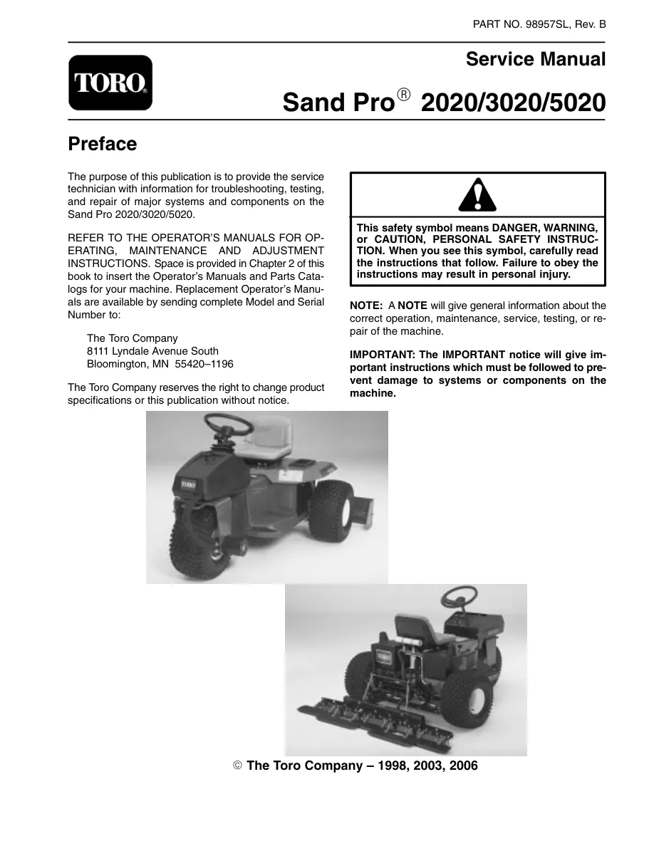 Toro Sand Pro 2020 3020 5020 Machine Service & Repair Manual preview page 1