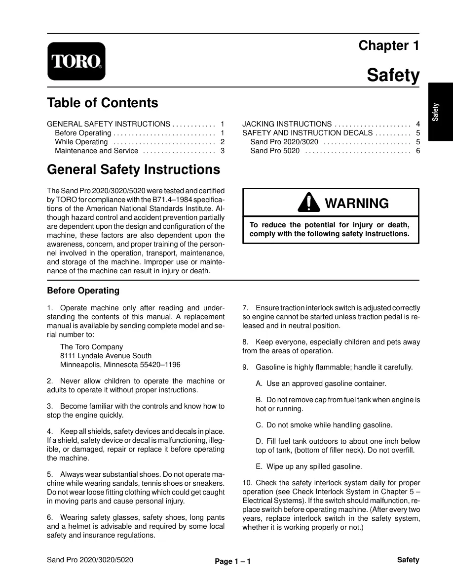 Toro Sand Pro 2020 3020 5020 Machine Service & Repair Manual preview page 5