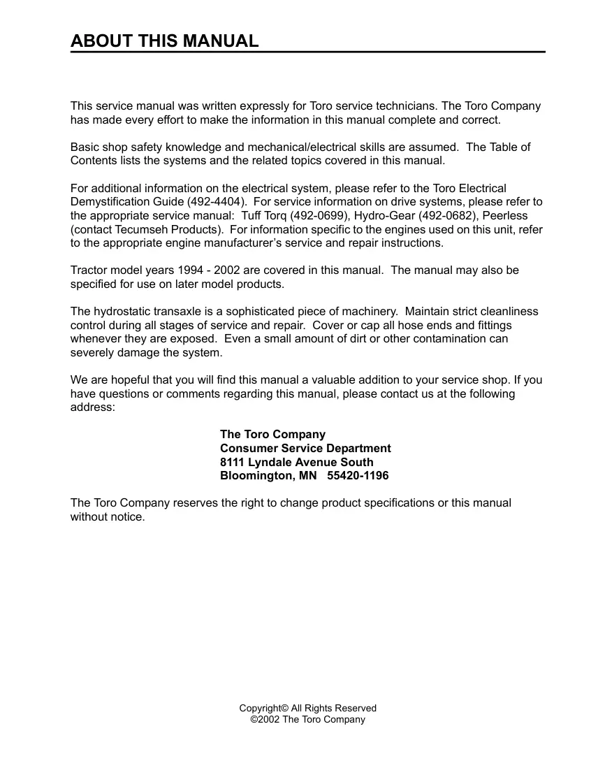 Toro Wheelhouse 260 Series Tractor Service & Repair Manual preview page 2