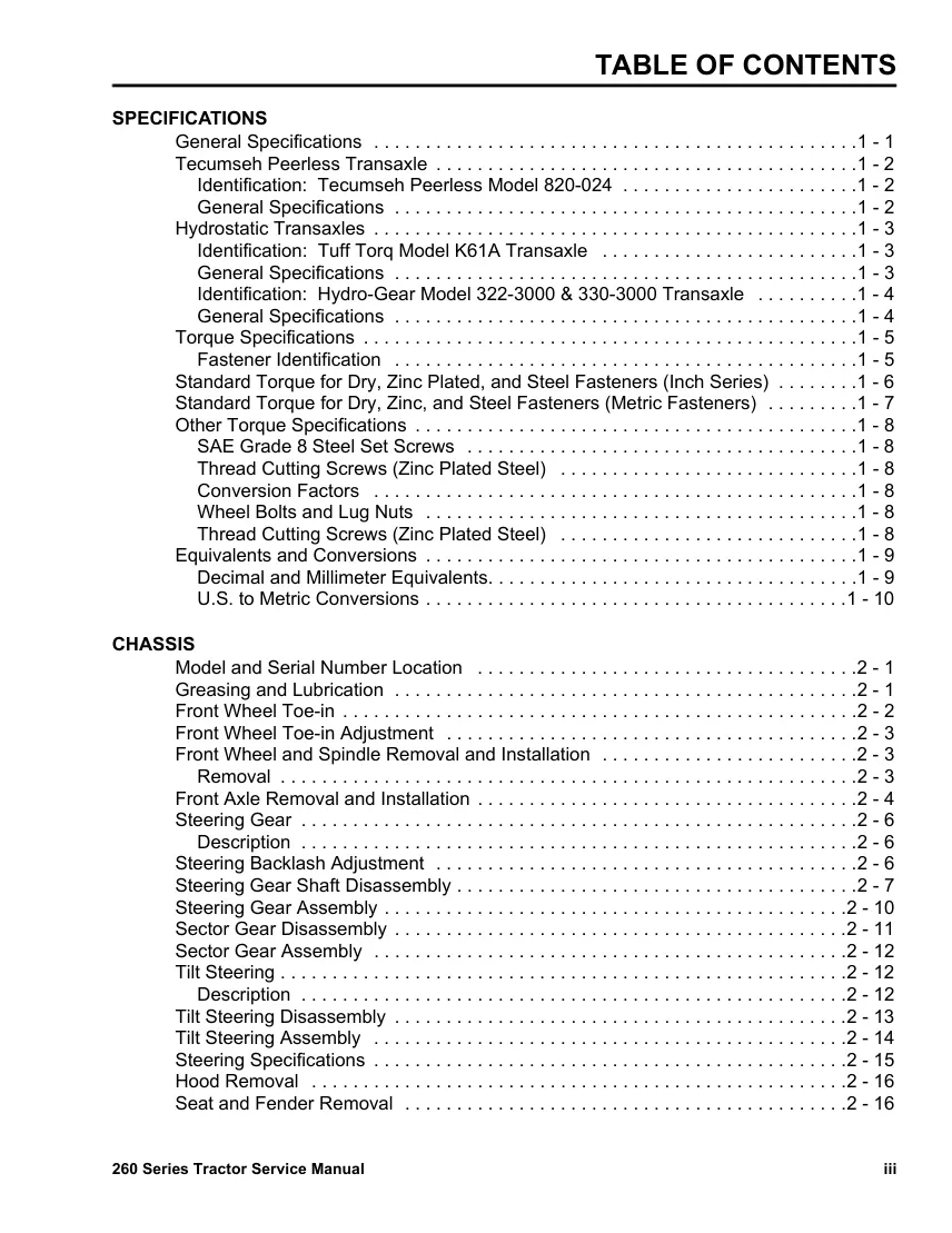 Toro Wheelhouse 260 Series Tractor Service & Repair Manual preview page 3