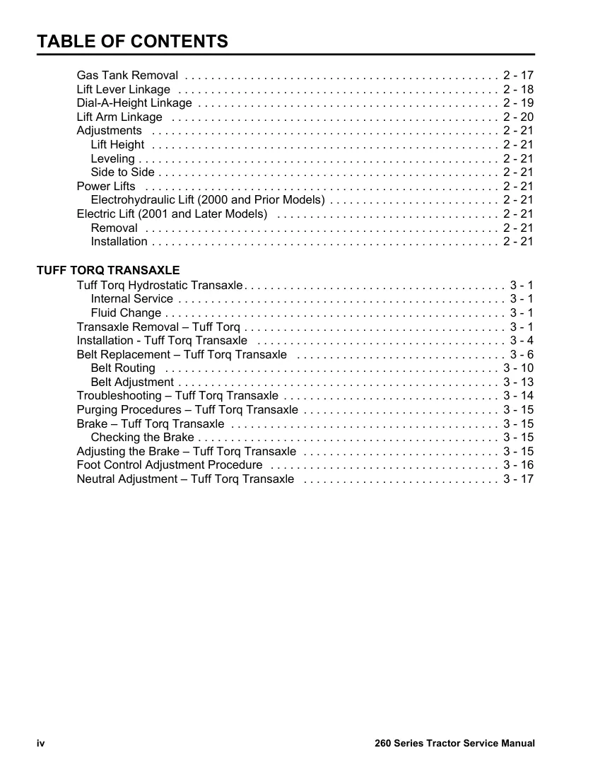 Toro Wheelhouse 260 Series Tractor Service & Repair Manual preview page 4
