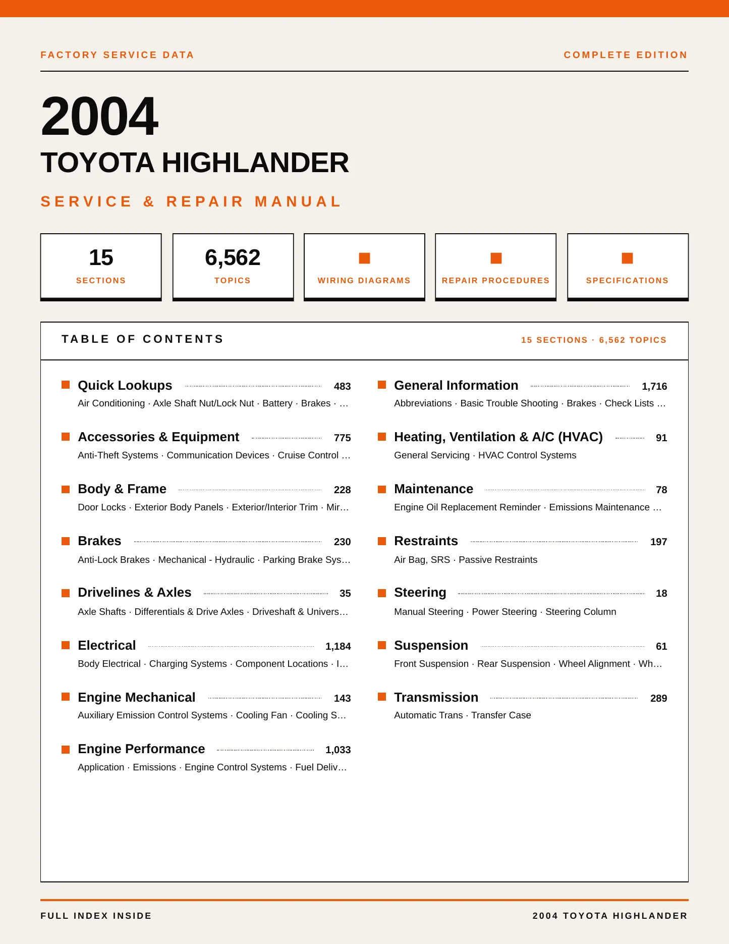 2004 Toyota Highlander Service and Repair Manual preview page 1
