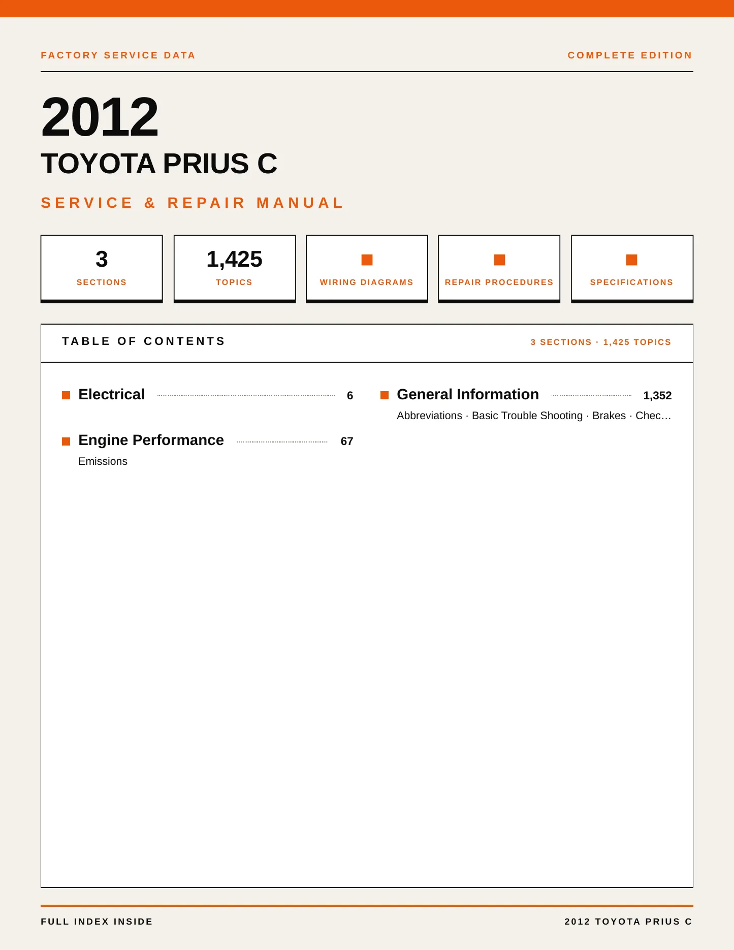 2012 Toyota Prius C Service and Repair Manual preview page 1