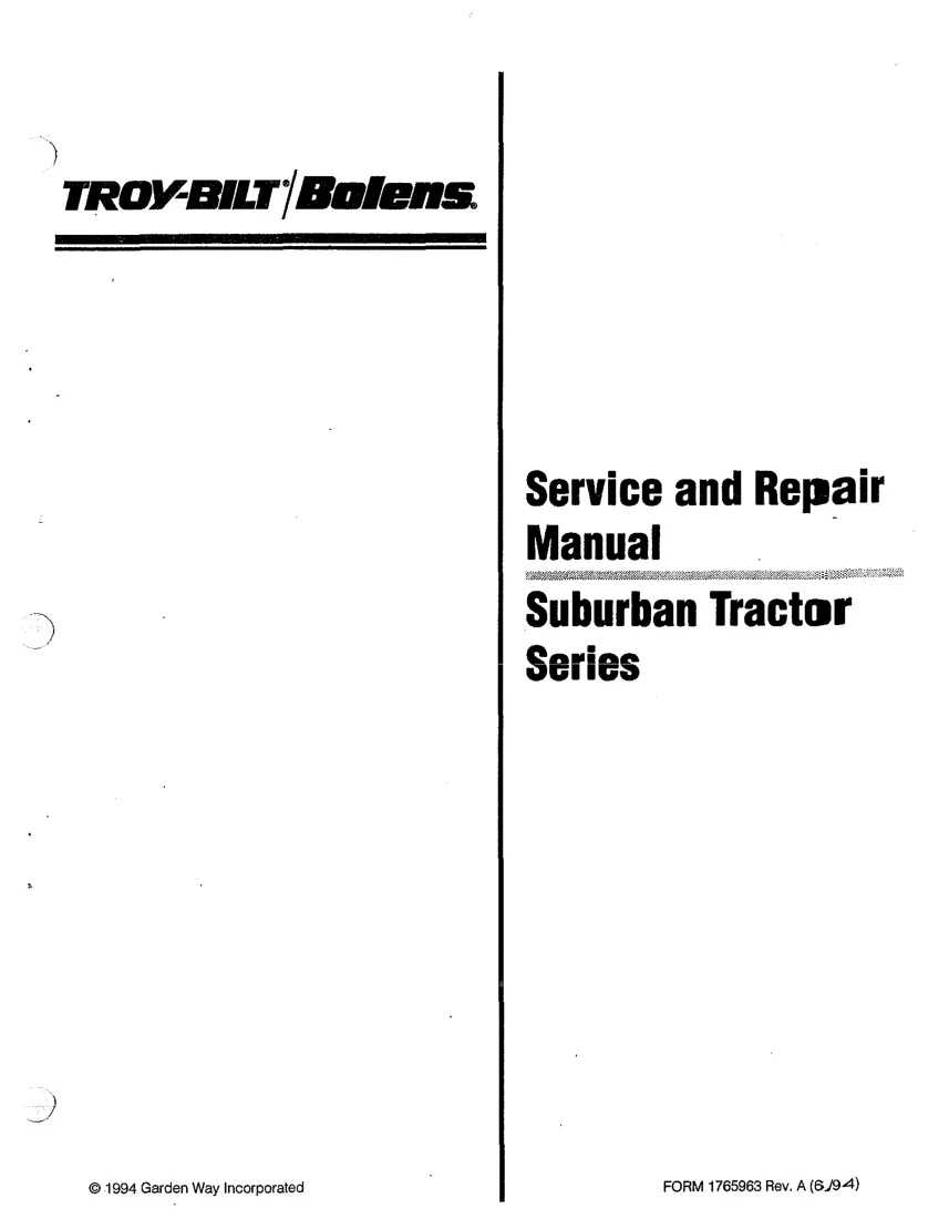 Troy Bilt Bolens ST100 ST110 ST120 ST125 ST140 ST180 Lawn Tractor Service & Repair Manual preview page 1