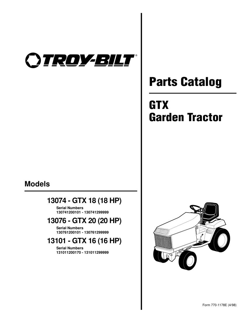 Troy Bilt Troybilt 1998 - 2001 GTX 16 18 20 Riding Mower Parts Manual preview page 1