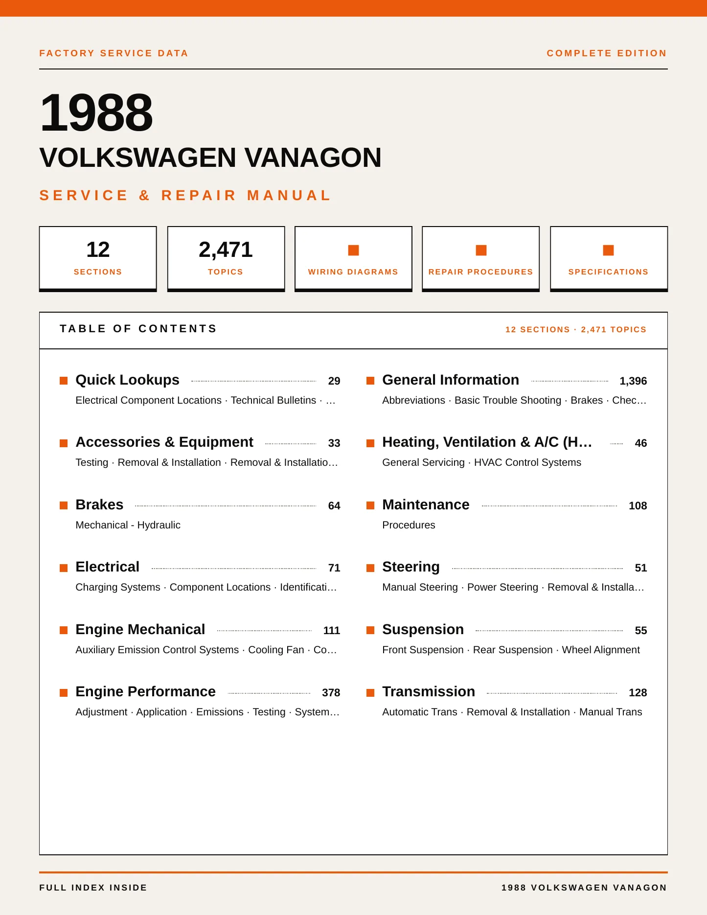 1988 Volkswagen Vanagon Service and Repair Manual preview page 1