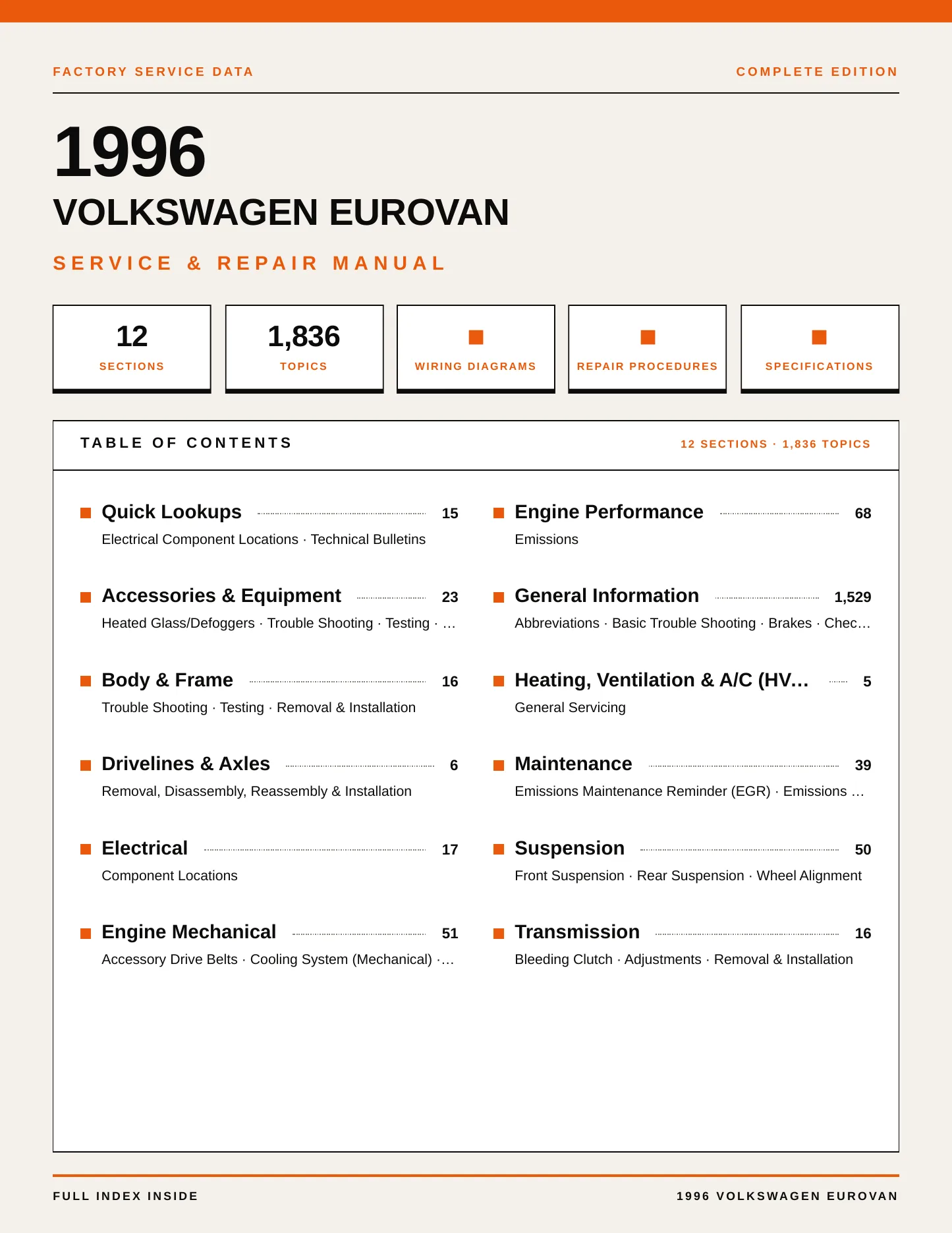 1996 Volkswagen EuroVan Service and Repair Manual preview page 1