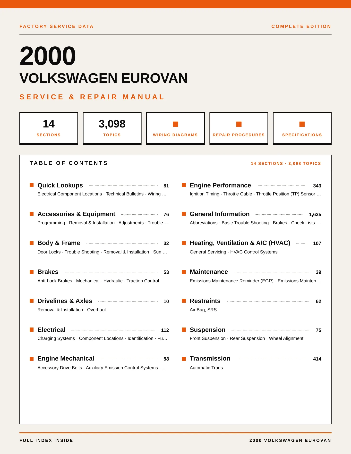2000 Volkswagen EuroVan Service and Repair Manual preview page 1