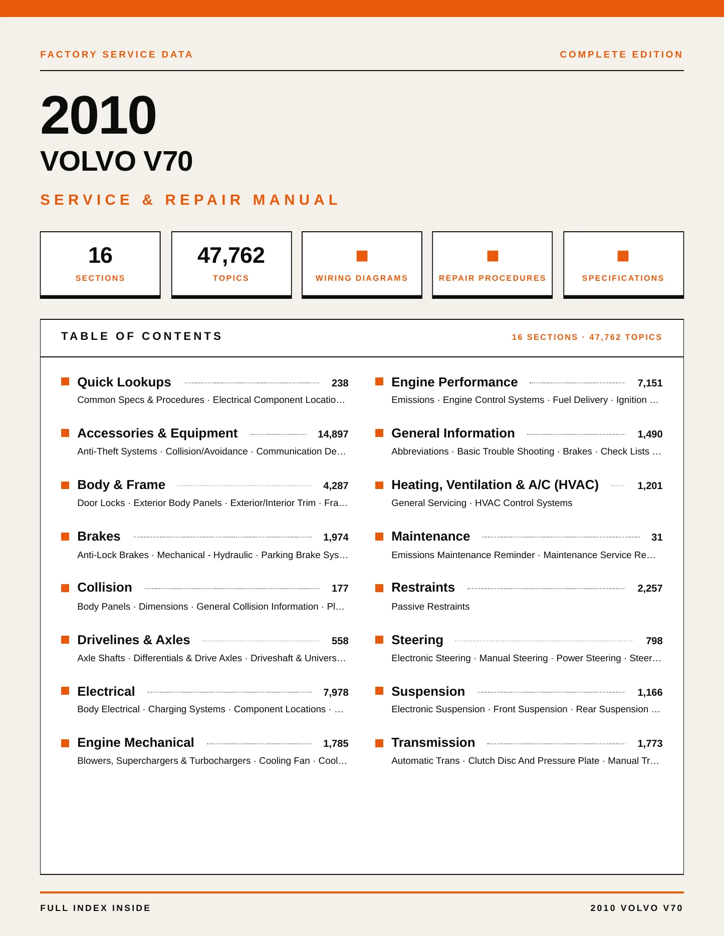 2010 Volvo V70 Service and Repair Manual preview page 1