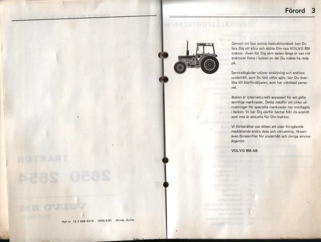 Volvo Instruktionsbok till BM 2650 & 2654 Tractor Service & Repair Manual preview page 3
