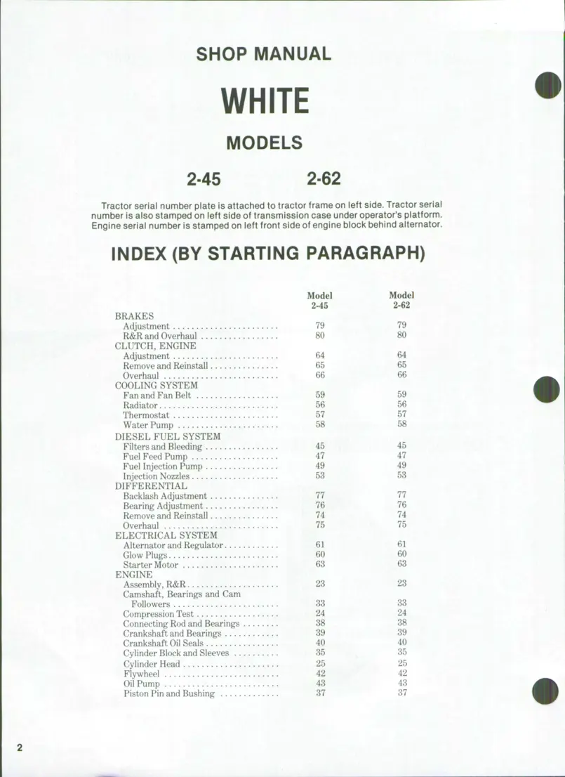 White 2-45 & 2-62 Tractors Service & Repair Manual preview page 1