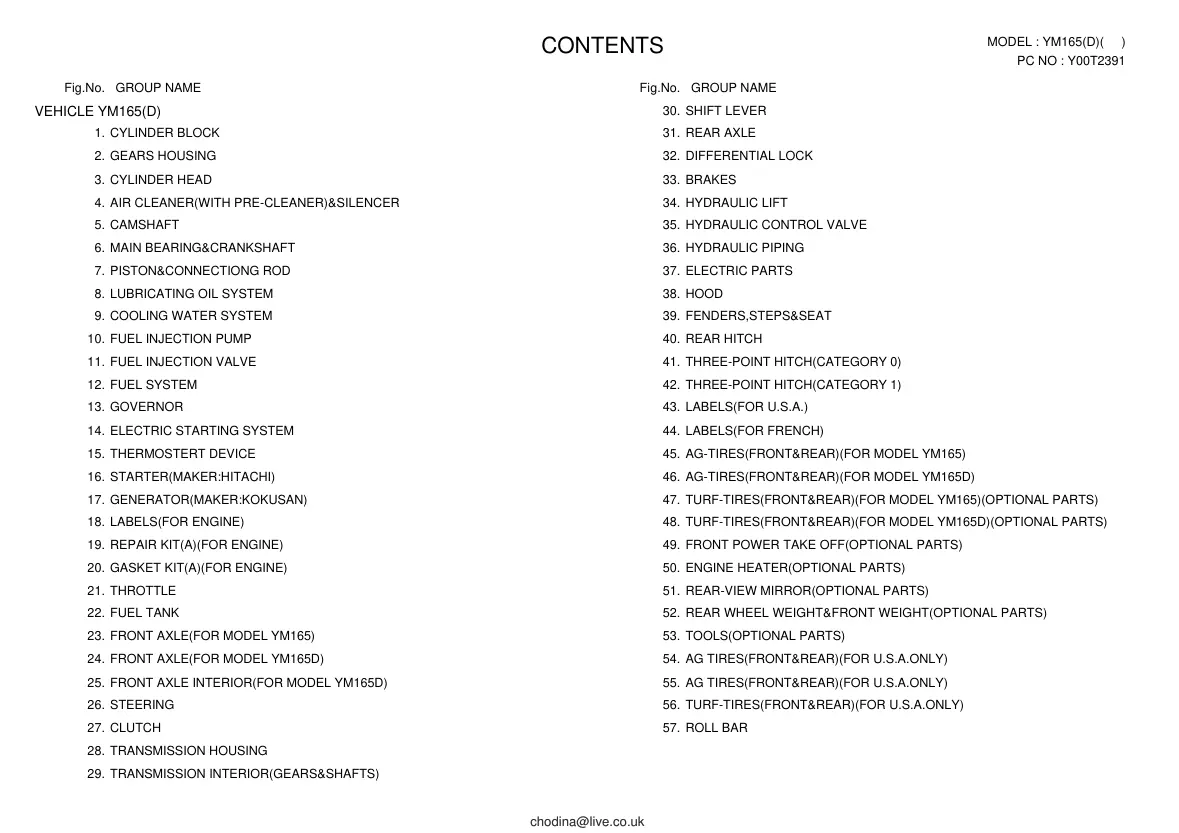 Yanmar Tractor YM165D Parts Manual preview page 1