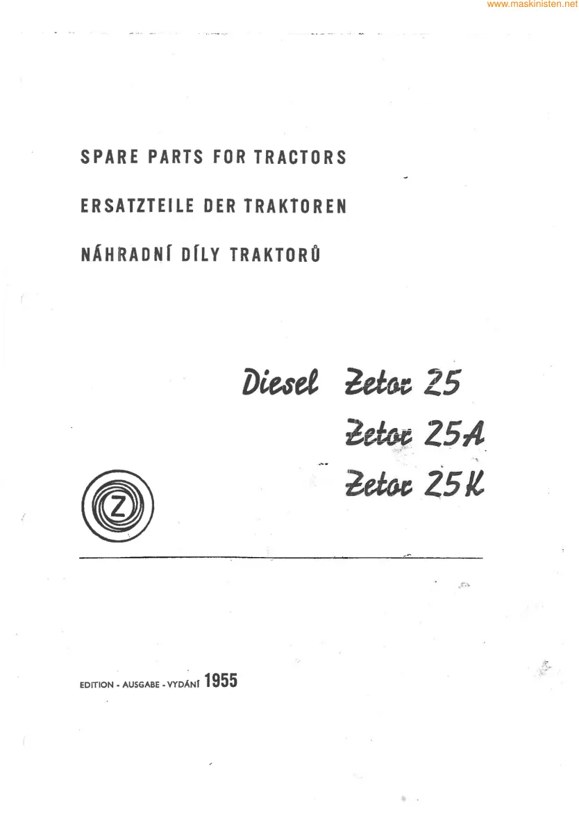 Zetor 25/25A/25K Diesel Engines Tractor Parts Manual preview page 1