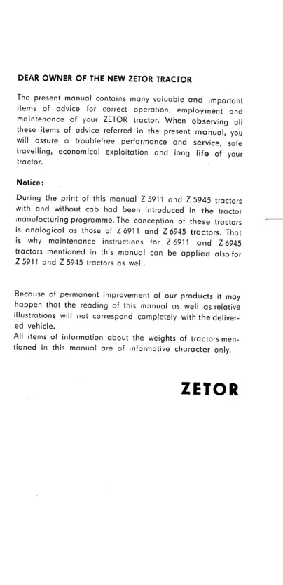 Zetor 4911 & 5911 5945 6911 6945 Tractor Operator's Manual preview page 2